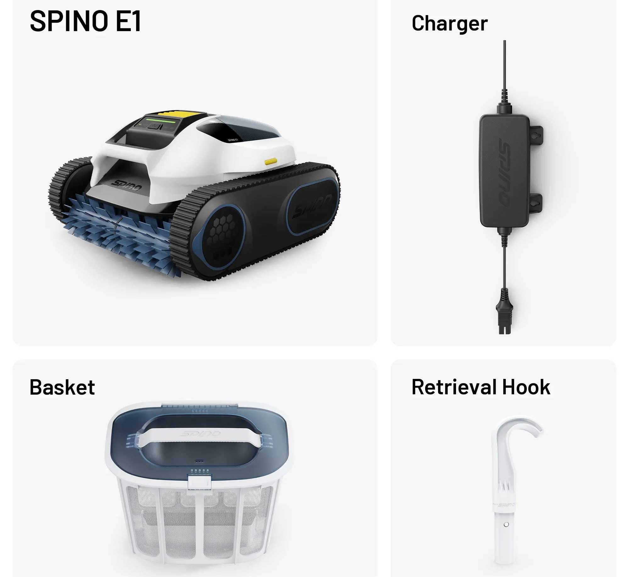 Le robot Spino E1 avec ses accessoires : chargeur, filtre et crochet.