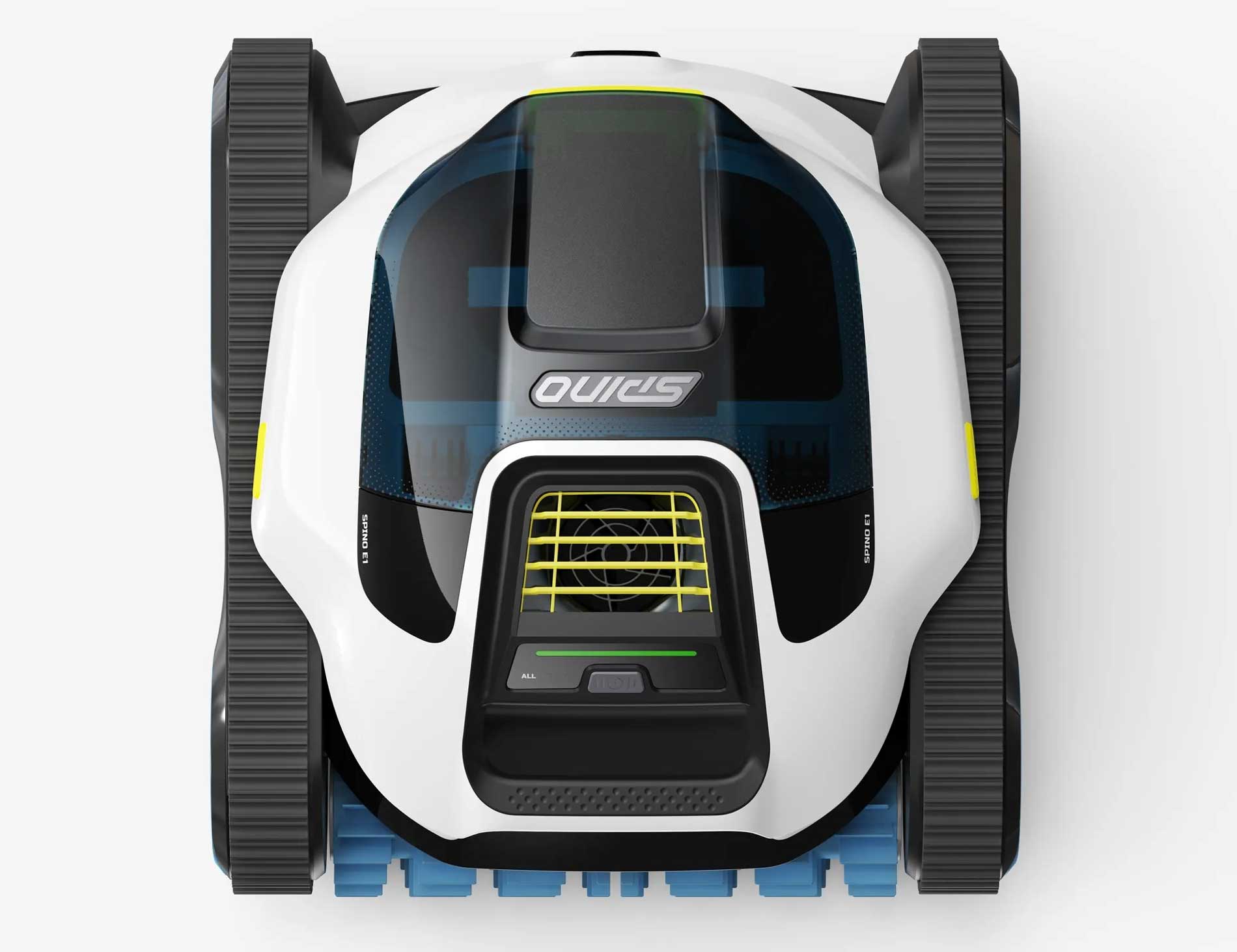 Vue de dessus du robot piscine Spino E1 montrant l’emplacement du filtre