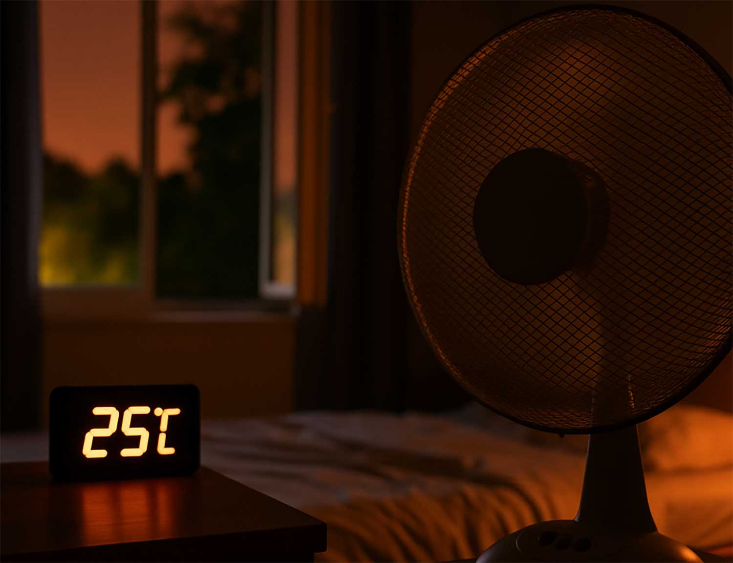 Ventilateur en fonctionnement dans une chambre à 25 °C pendant une nuit chaude d’été