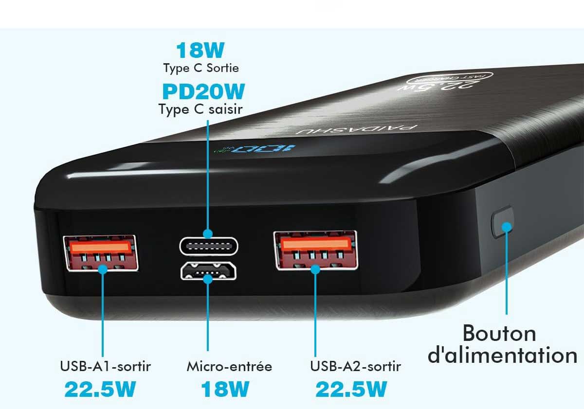 Vue rapprochée des ports USB-A, USB-C et Micro-USB de la batterie PAIDASHU