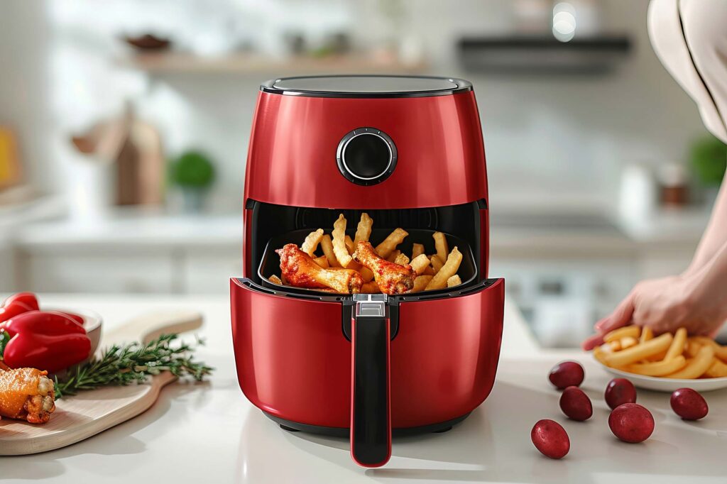 Airfryer ouvert contenant des frites dorées et du poulet croustillant
