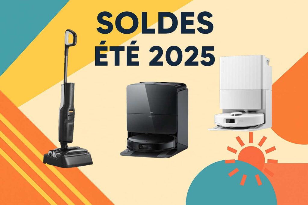 Trois appareils Roborock en vedette sur un visuel coloré annonçant les soldes d’été 2025
