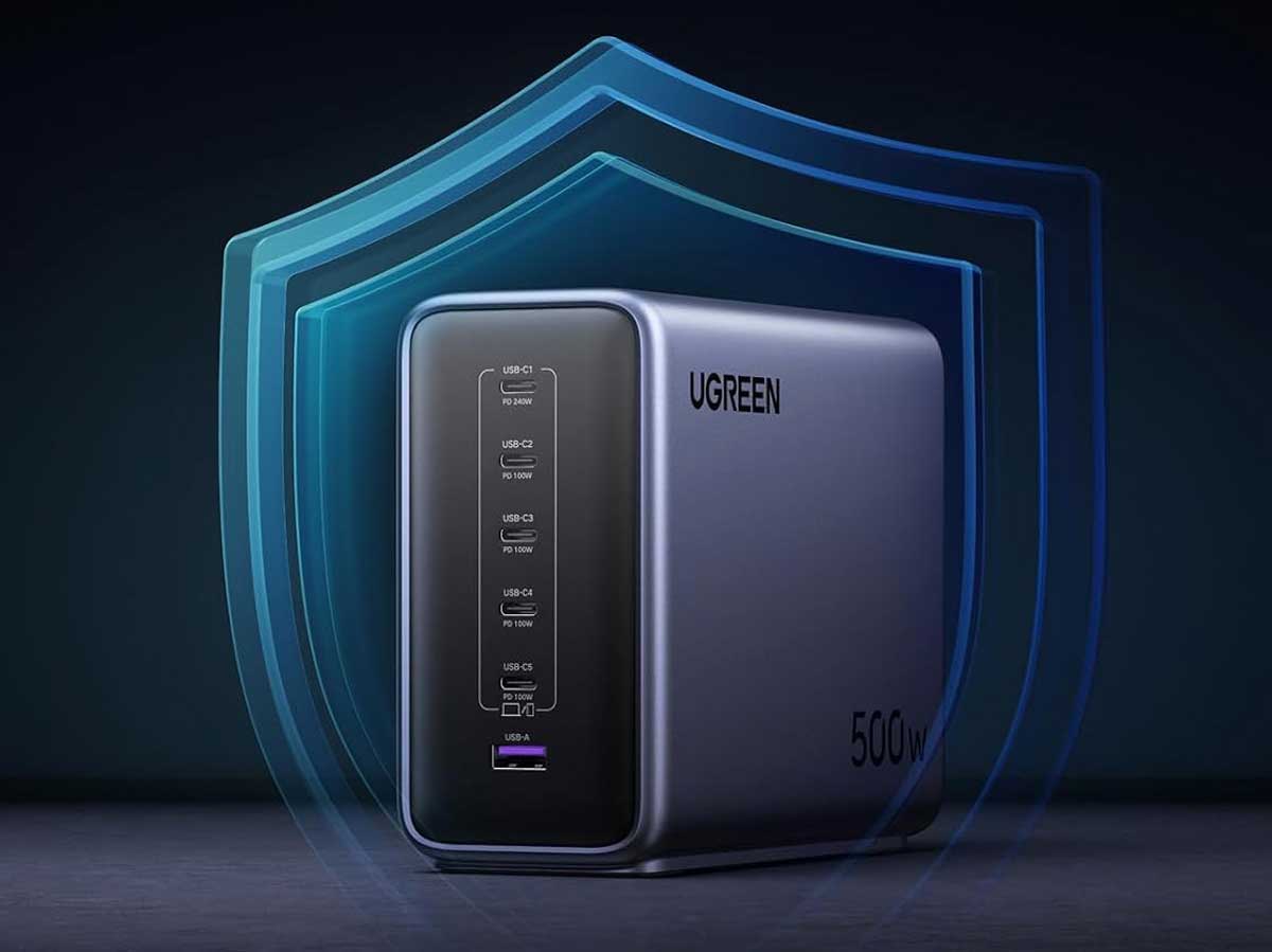 Chargeur Ugreen Nexode 500W avec ses 11 niveaux de sécurité pour une protection optimale.
