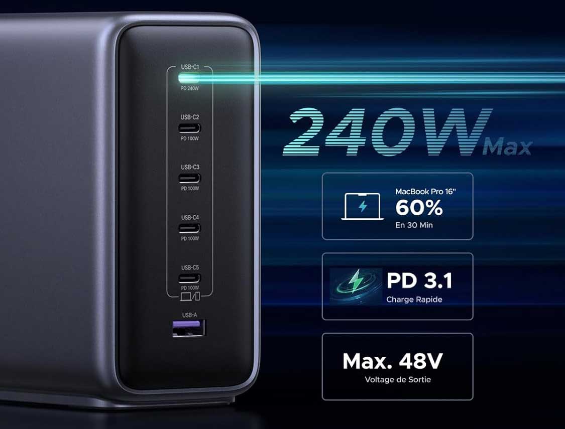 Port USB-C1 du Ugreen Nexode 500W avec Power Delivery 3.1 pour une charge jusqu'à 240W.