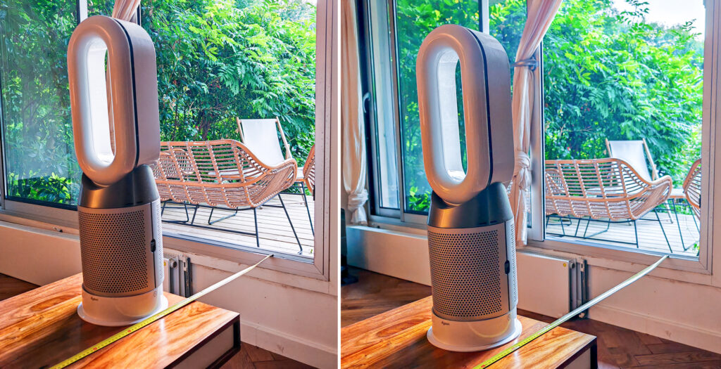 Ventilateur Dyson positionné à 50 cm puis à 1 mètre d’une fenêtre ouverte pour tester son efficacité de rafraîchissement.