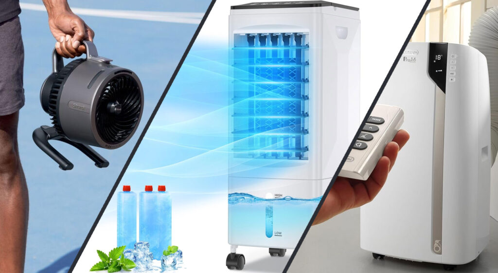 Ventilateur, rafraîchisseur d’air et climatiseur mobile côte à côte pour illustrer les différentes solutions de rafraîchissement.
