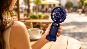 Personne utilisant un mini ventilateur portable en terrasse pendant une journée de forte chaleur