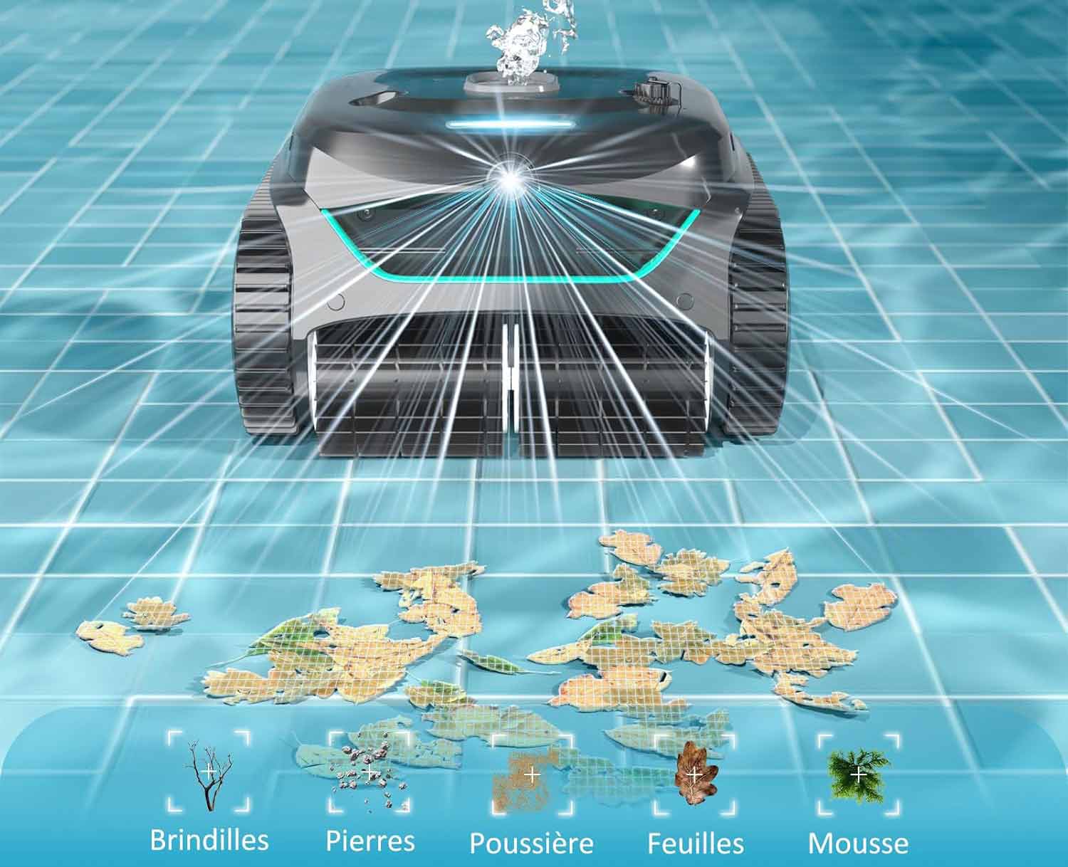 Aspiration des débris par le Wybot C2 Vision en fonctionnement