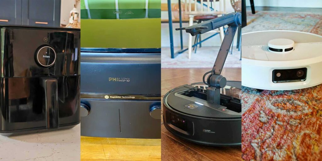 Friteuses Xiaomi et Philips, aspirateurs robots Roborock et iRobot testés par LaboMaison dans un montage illustrant nos derniers essais