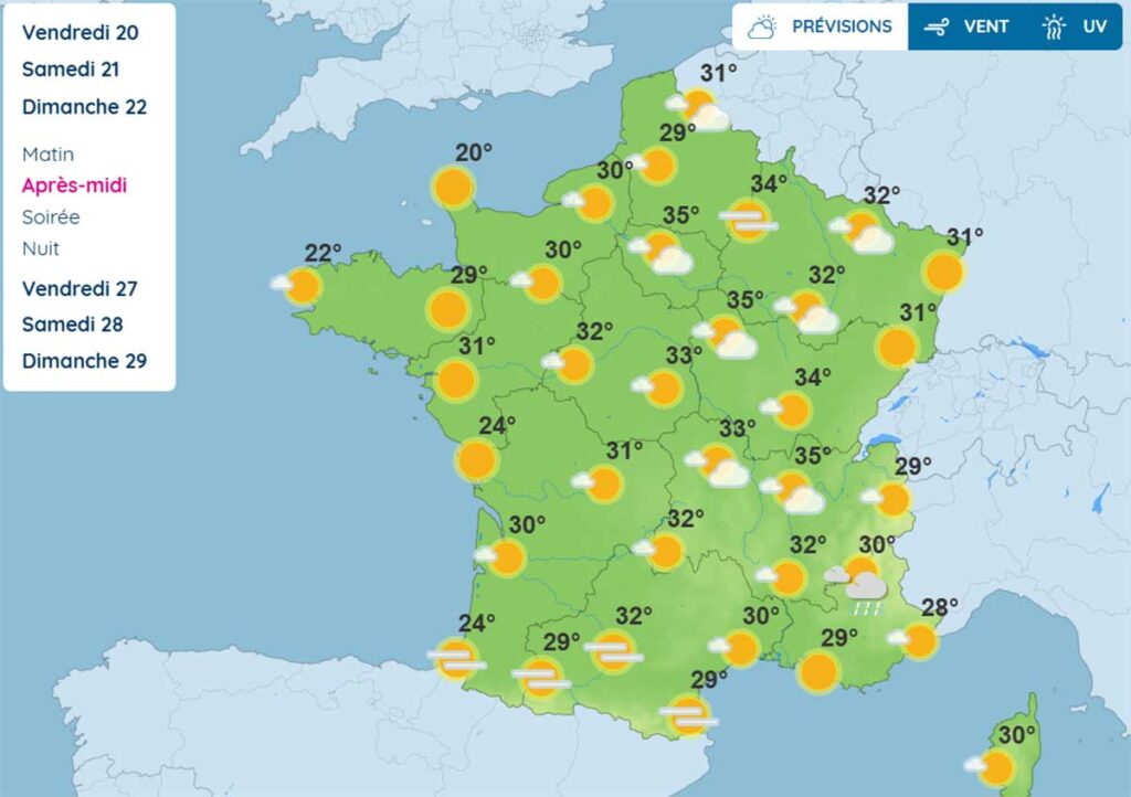 Carte de France des températures prévues le dimanche 23 juin 2025
