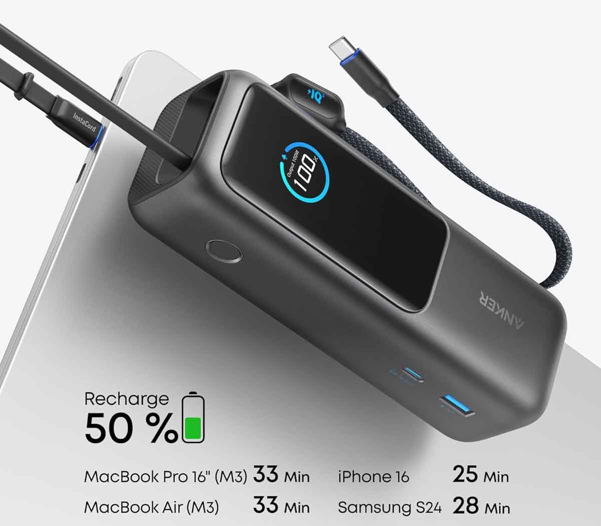 Batterie Anker Zolo rechargeant un ordinateur portable via USB-C à 100 W