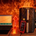 Airfryer Ninja en fonctionnement dans une cuisine avec un thermomètre montrant la température qui augmente à cause de la cuisson