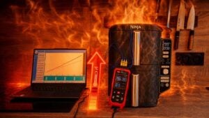 Airfryer Ninja en fonctionnement dans une cuisine avec un thermomètre montrant la température qui augmente à cause de la cuisson