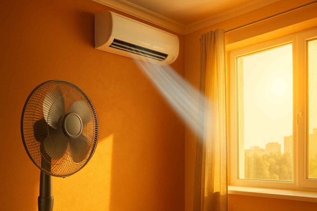 Intérieur d’une pièce en été avec une climatisation murale, un ventilateur et des rayons de soleil entrant par le rideau