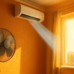 Intérieur d’une pièce en été avec une climatisation murale, un ventilateur et des rayons de soleil entrant par le rideau