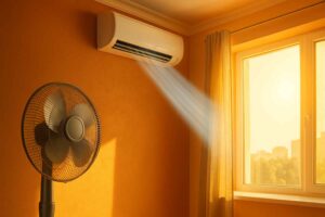 Intérieur d’une pièce en été avec une climatisation murale, un ventilateur et des rayons de soleil entrant par le rideau