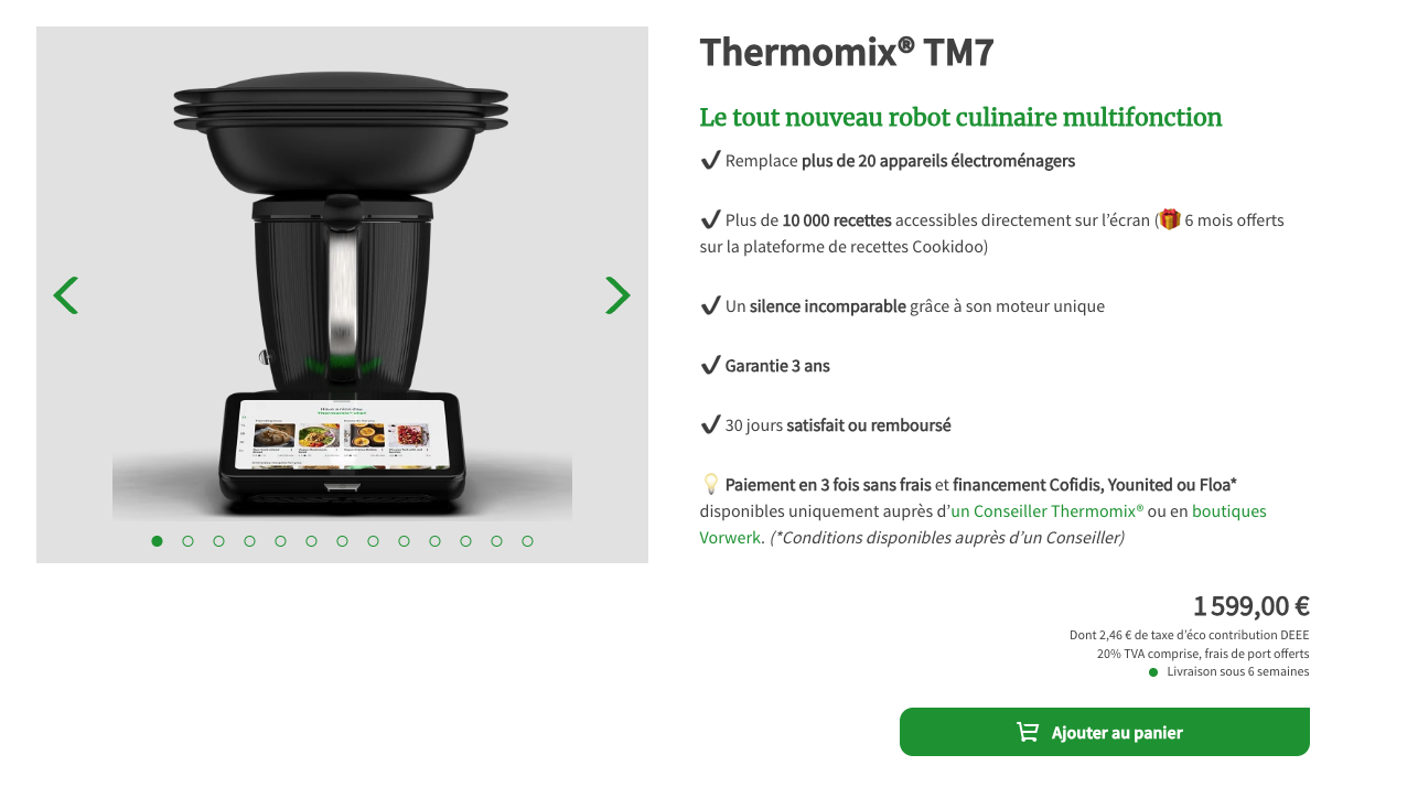 "Livraison sous 6 semaines" indiqué sous le prix du TM7