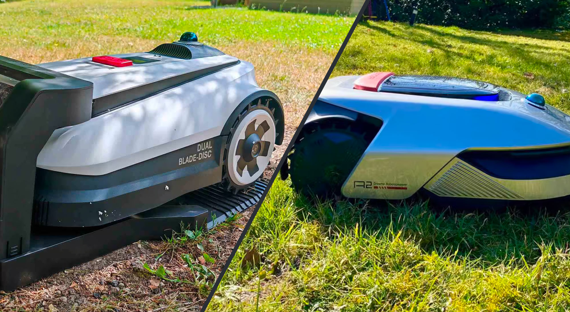 Comparaison des robots tondeuses Dreame A2 et Ecovacs Goat A3000 LiDAR en situation de tonte sur un terrain de test.