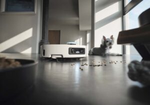 Le robot aspire de gros débris sur le sol