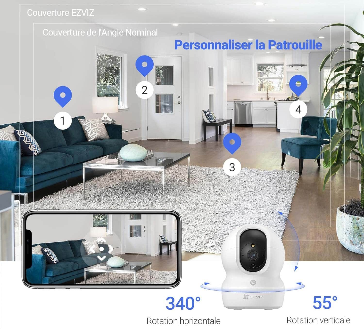 Angle de rotation panoramique de la caméra Ezviz CP1 Pro 2K