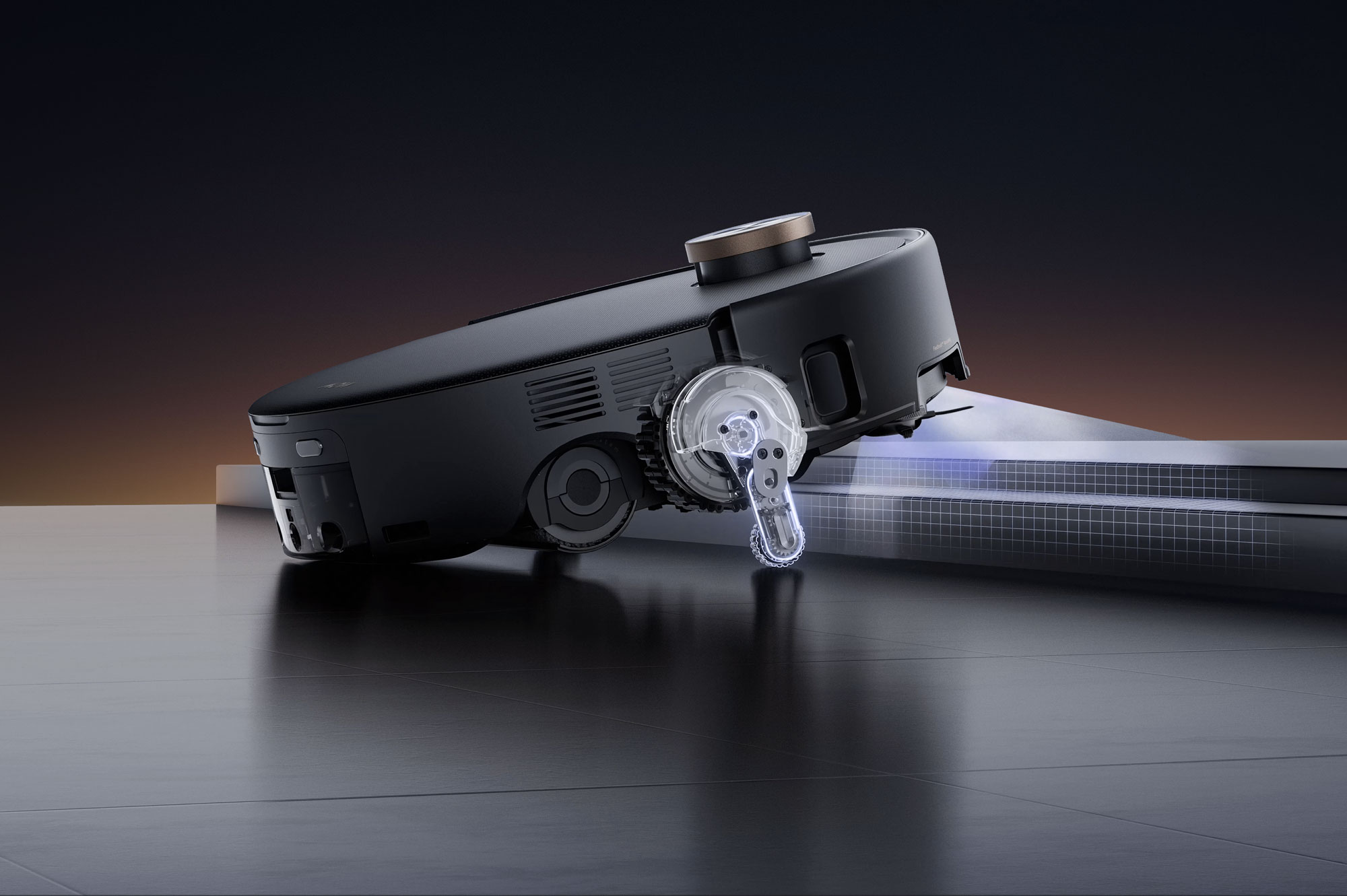 Le MOVA Z60 Ultra Roller Complete en pleine montée d’un seuil grâce au système StepMaster 2.0