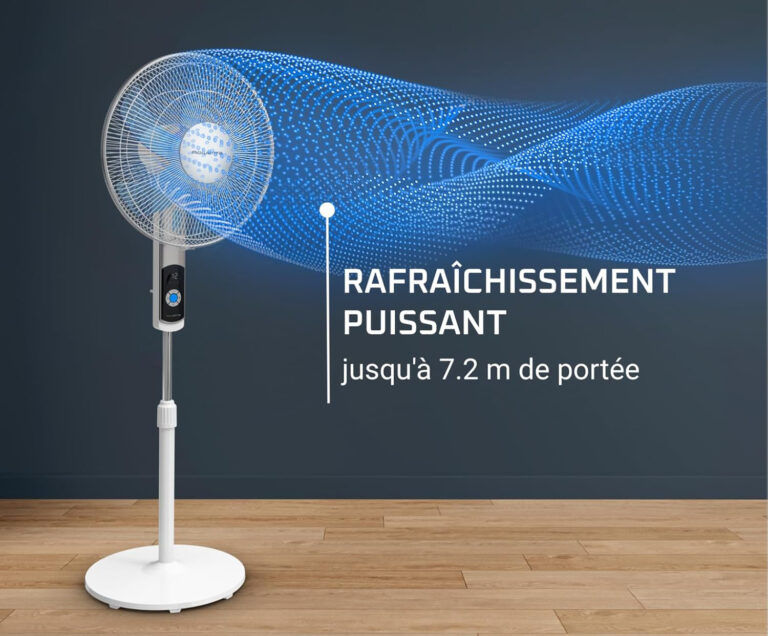 Flux d’air puissant du ventilateur jusqu’à 7,2 mètres.