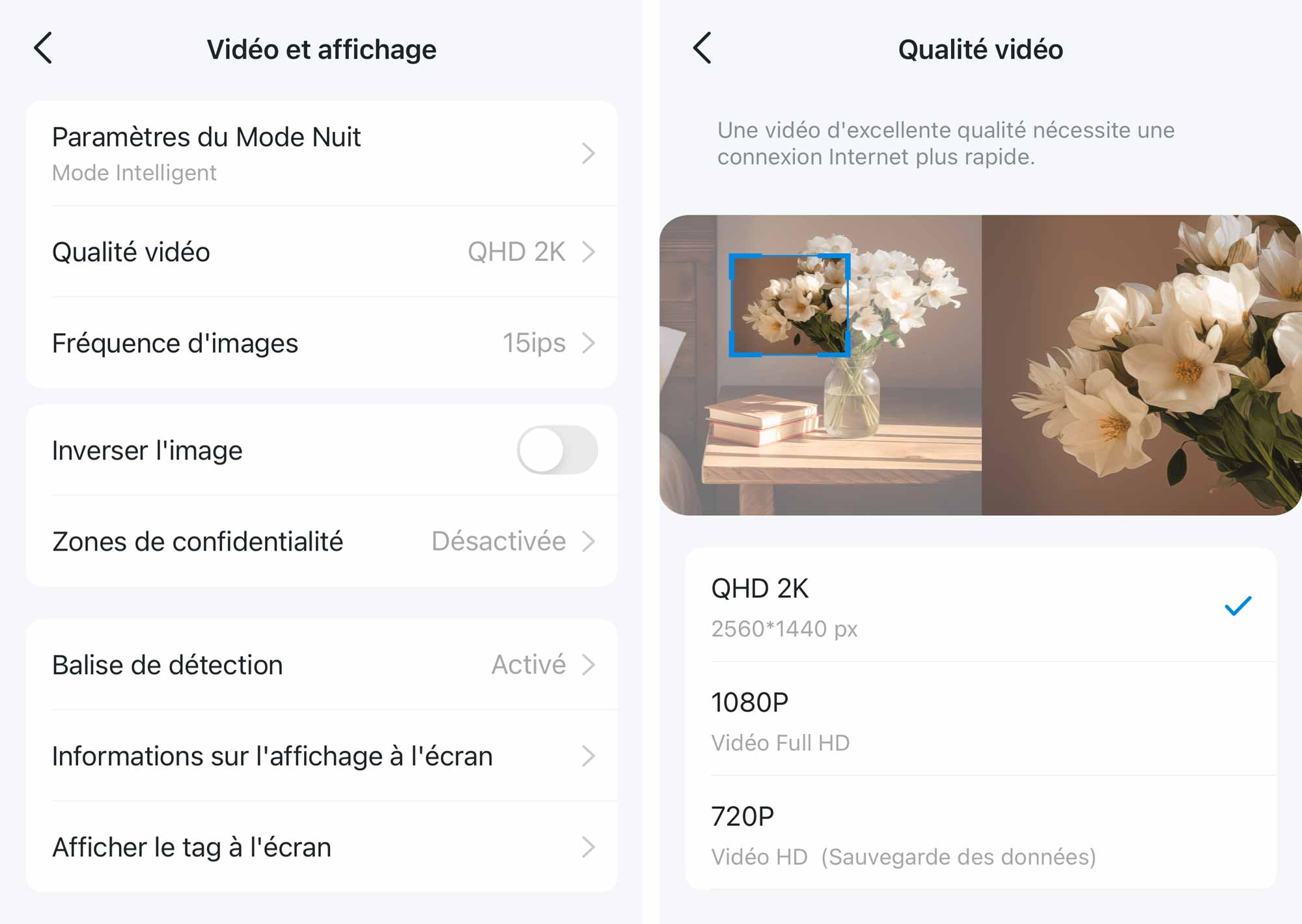 Options de qualité vidéo dans l’application TP-Link Tapo