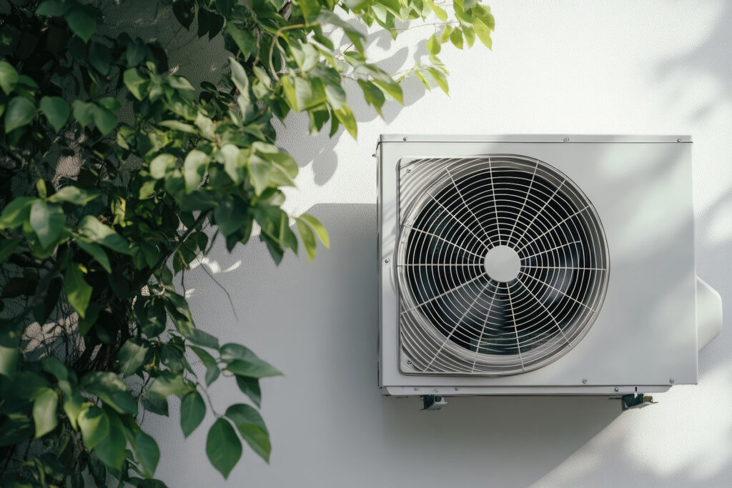 Bloc extérieur de climatisation murale installé sur une maison individuelle