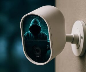 Caméra de surveillance piratée avec silhouette de hacker en arrière-plan