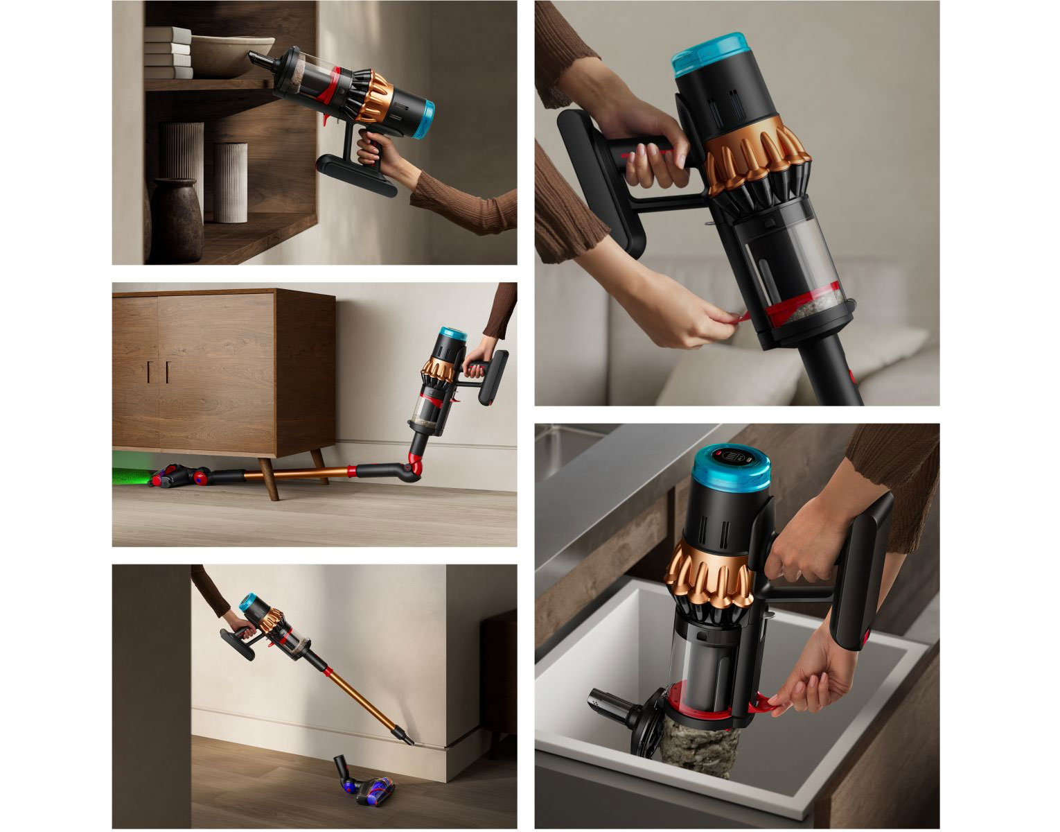 Dyson V16 Piston Animal en action avec ses différents accessoires