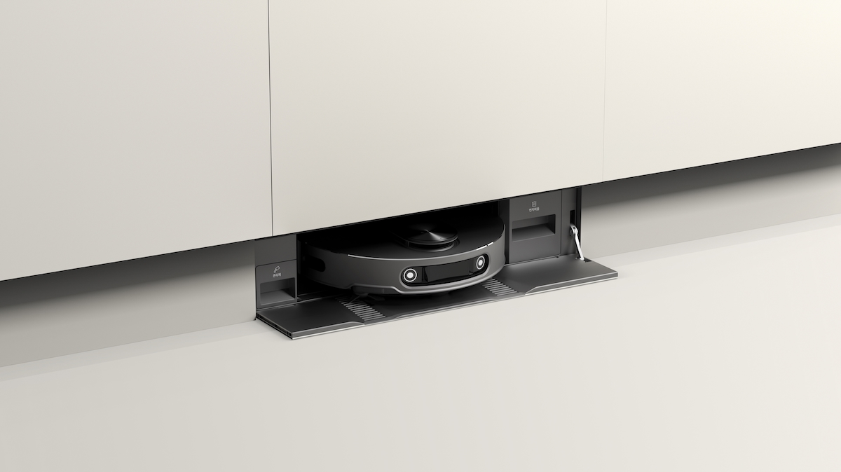 La base de l'aspirateur robot LG intégrée dans le meuble de cuisine
