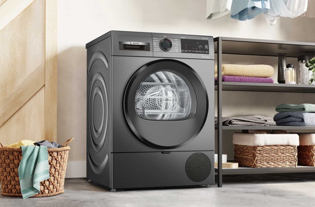 Sèche-linge Bosch à pompe à chaleur offrant un séchage efficace et économe en énergie.