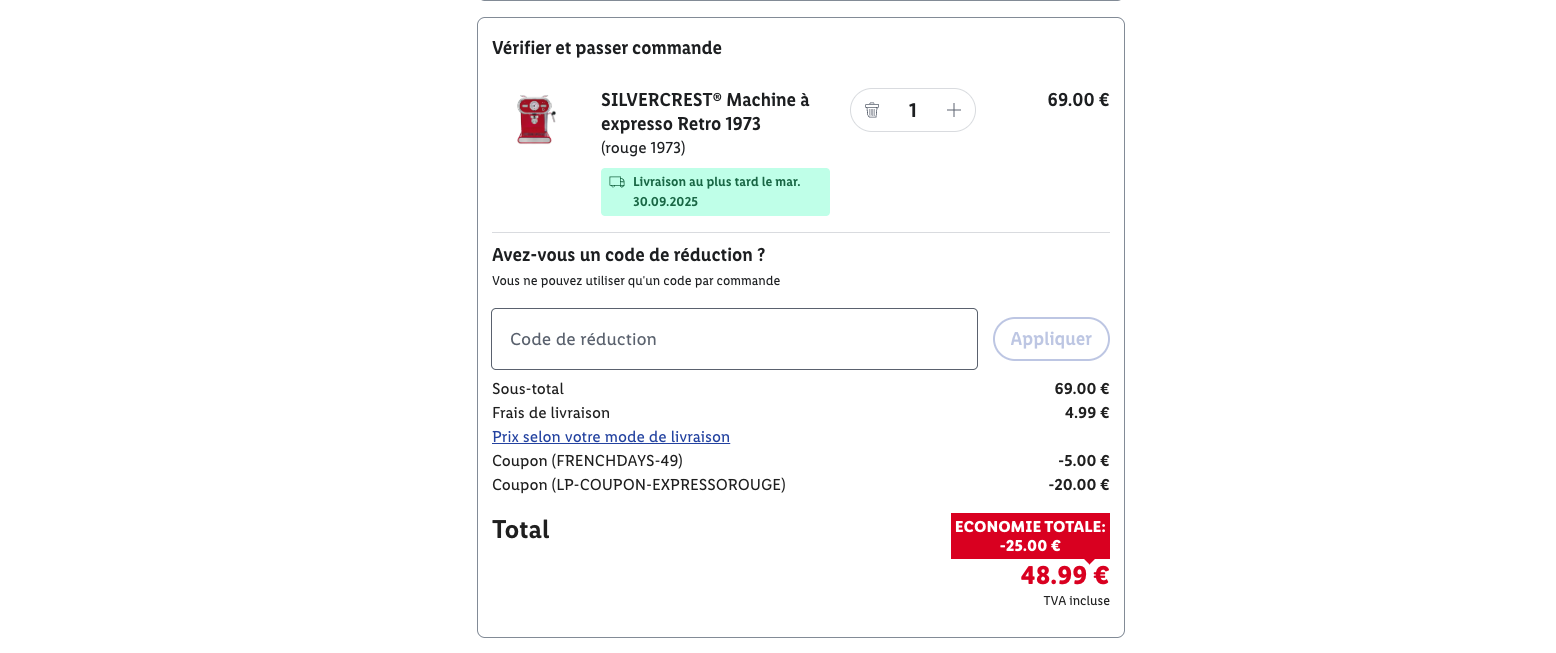 Le prix final de la machine à café Lidl Retro 1973