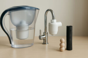 Carafe filtrante, filtre sur robinet, charbon actif et perles de céramique alignés sur une table, illustrant les solutions de filtration de l’eau.