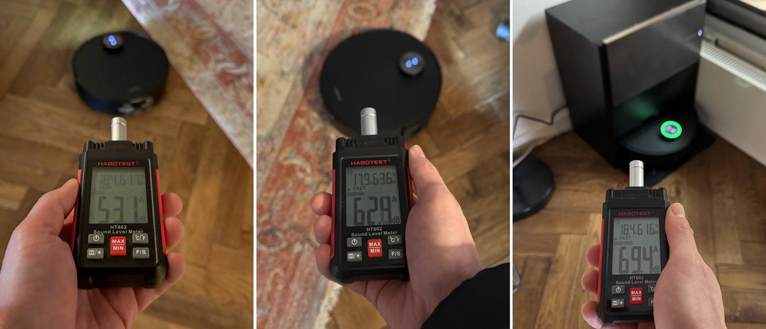 Mesures sonores du Dreame Aqua10 Track à un mètre : parquet, tapis et station