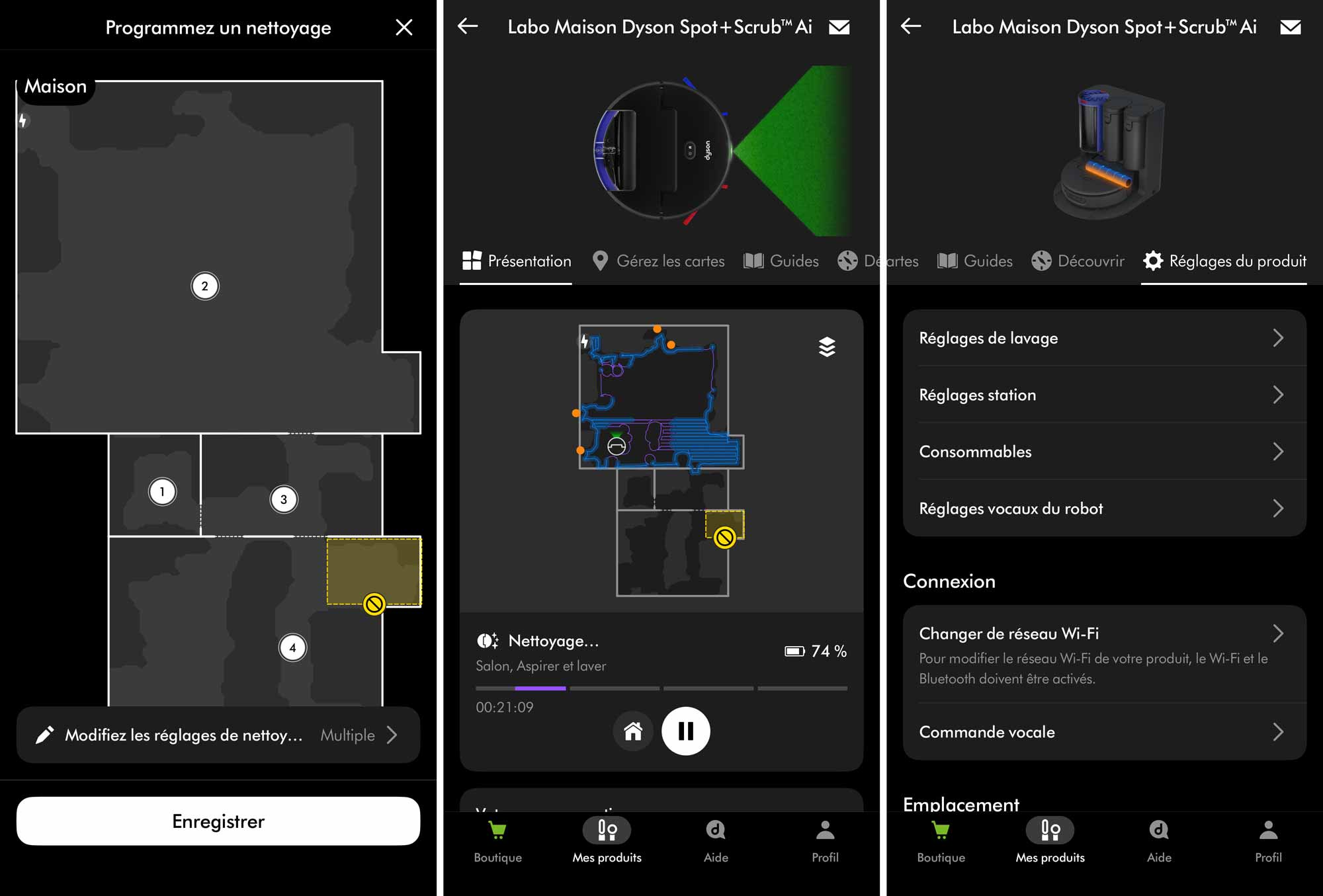 Interface de l’application MyDyson avec cartographie du logement et réglages du robot Spot+Scrub Ai