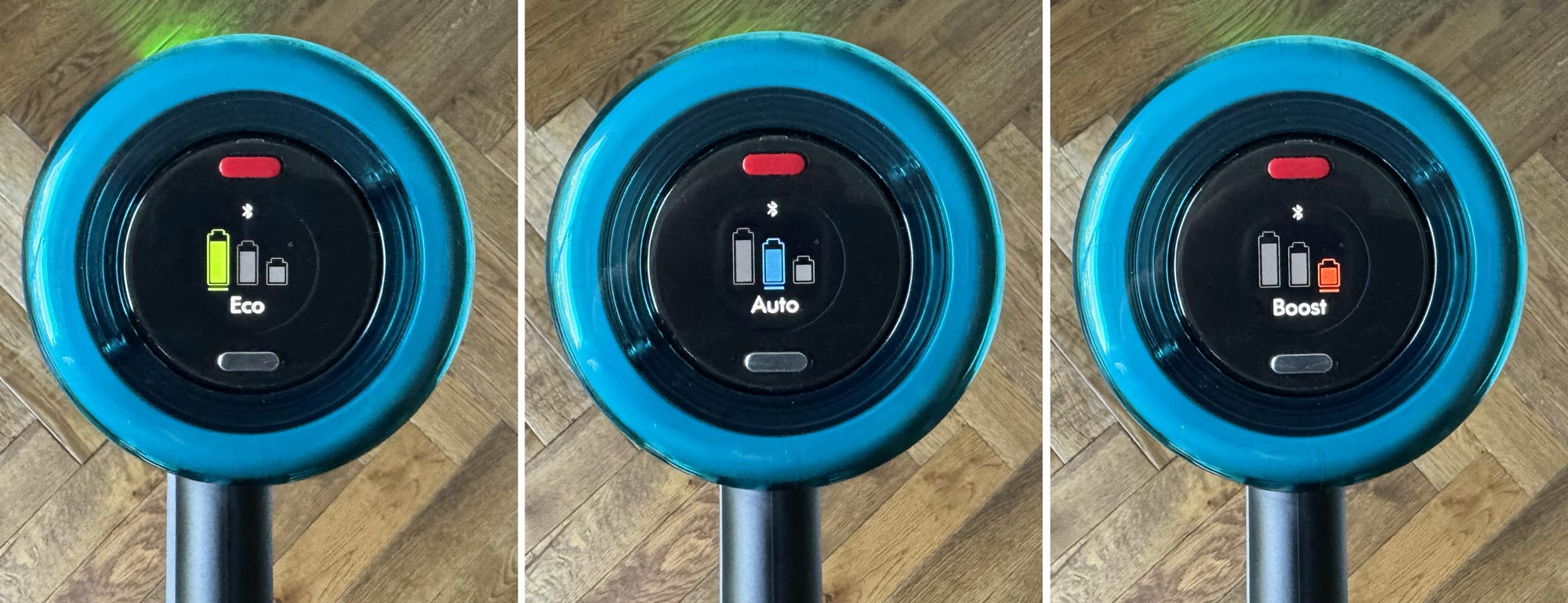 Écran du Dyson V16 affichant les modes Eco, Auto et Boost