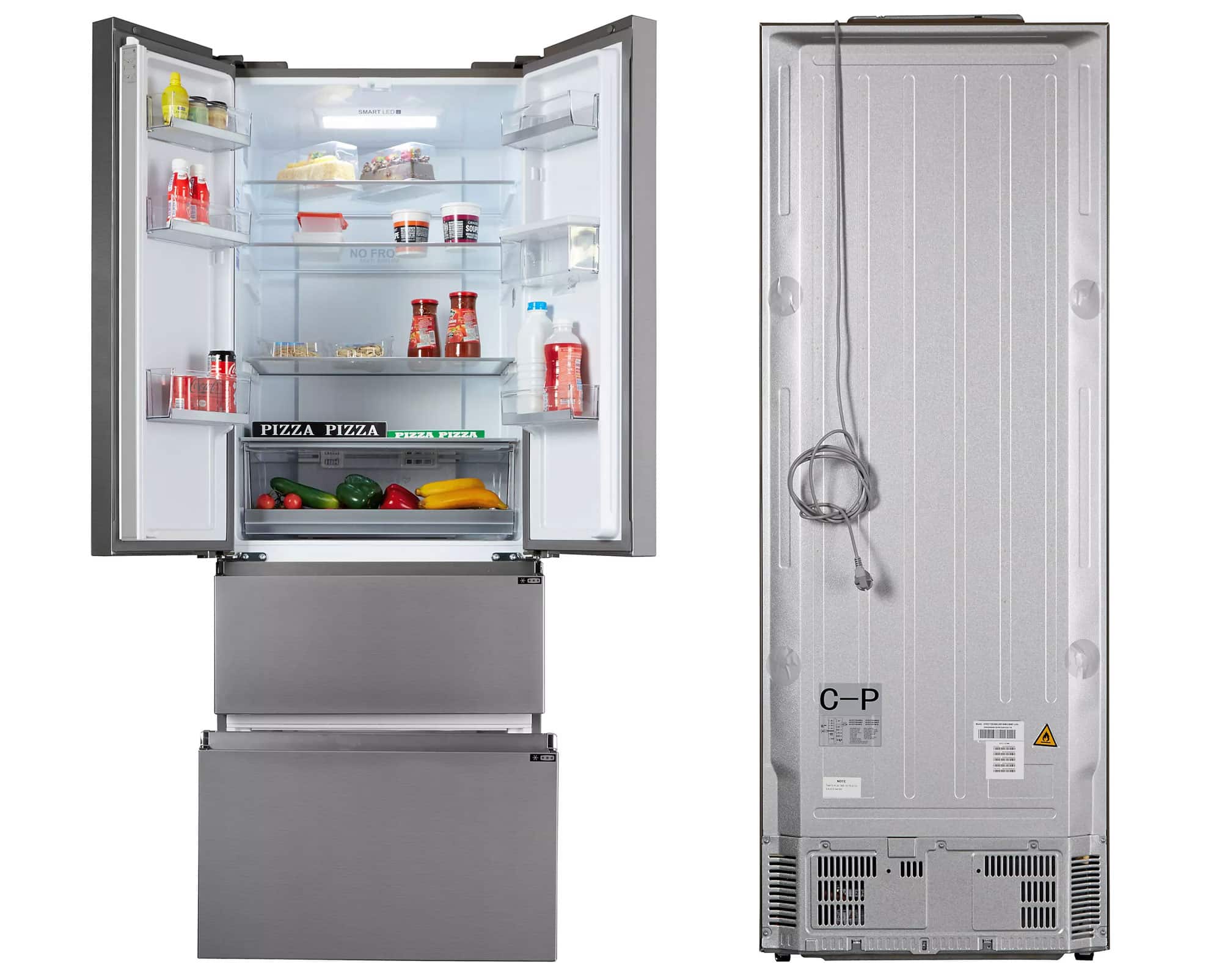 Réfrigérateur multi-portes Haier HFR5719EWMG avec vue avant et arrière, portes ouvertes