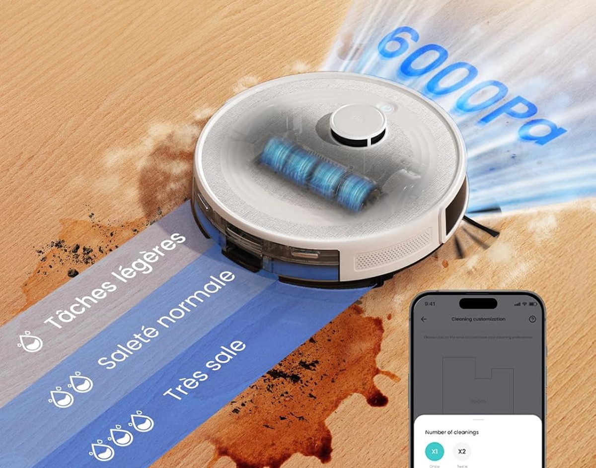 Lefant M2 Pro affichant une puissance d’aspiration maximale de 6 000 Pa.