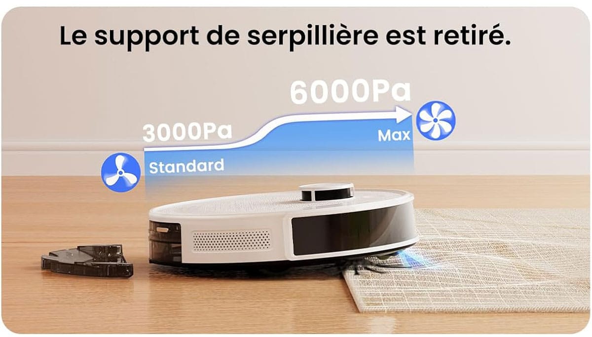 Lefant M2 Pro détectant un tapis et augmentant automatiquement sa puissance d’aspiration.