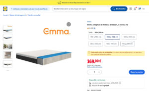Capture écran du site Lidl montrant le matelas Emma Original 2 en 160x200 cm affiché à 369 €