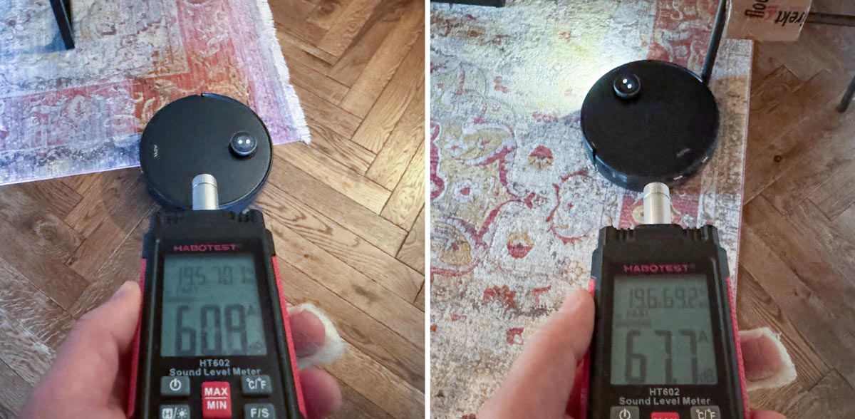 mesure du niveau sonore du Mova Z60 Ultra Complete à 60,9 dB sur parquet