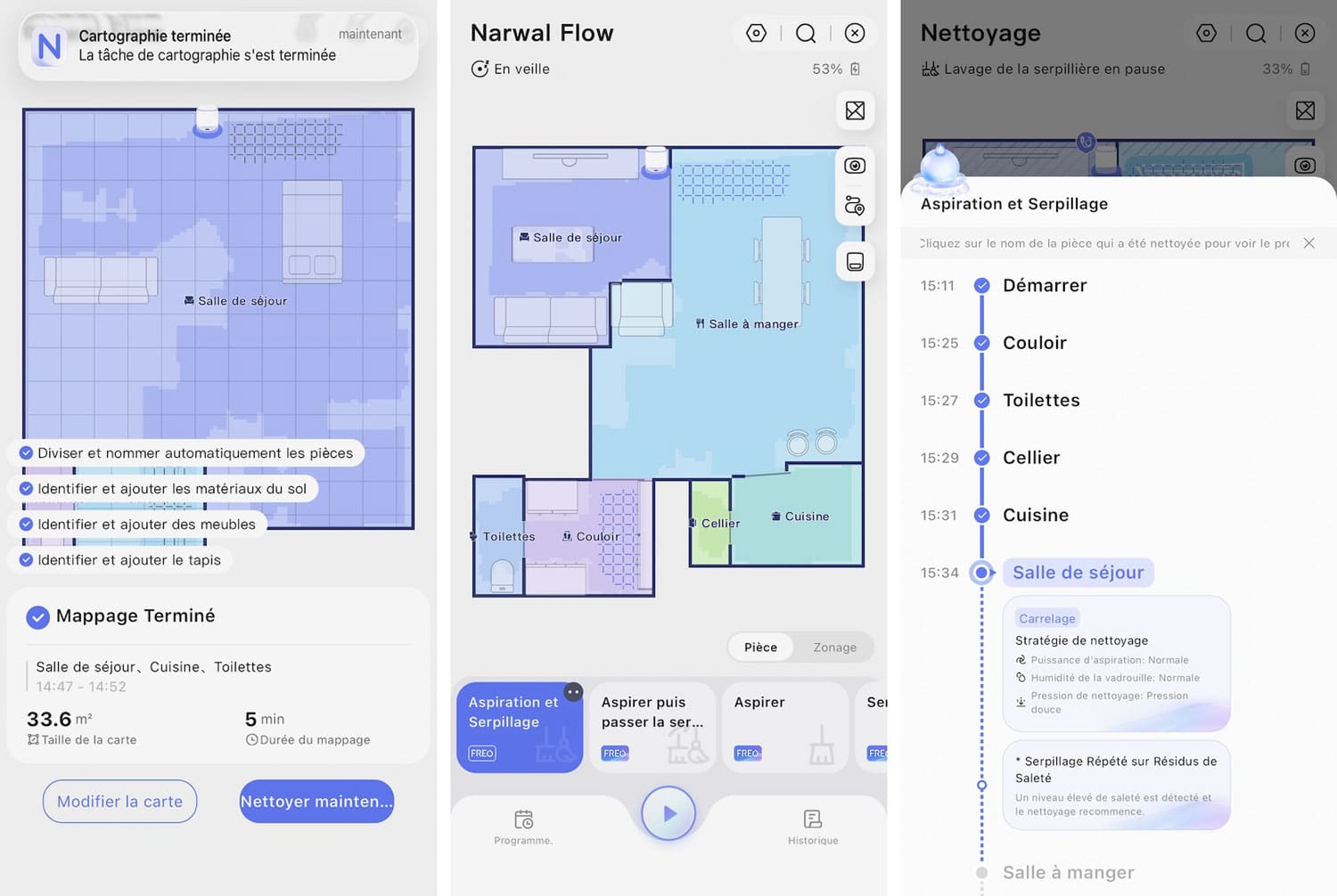 Application Narwal Flow affichant les réglages du mode Freo