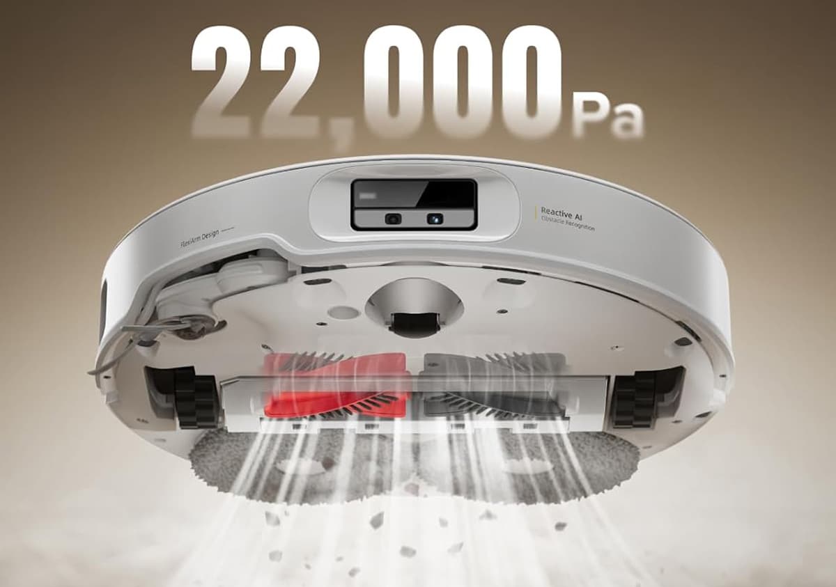 Roborock Qrevo CurvX aspirant avec une puissance de 20 000 Pa.