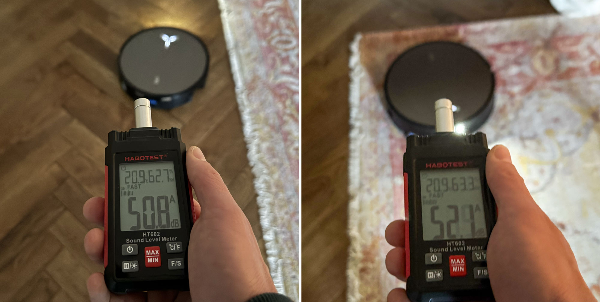 Mesure du niveau sonore du Deebot X11 en aspiration sur parquet et tapis