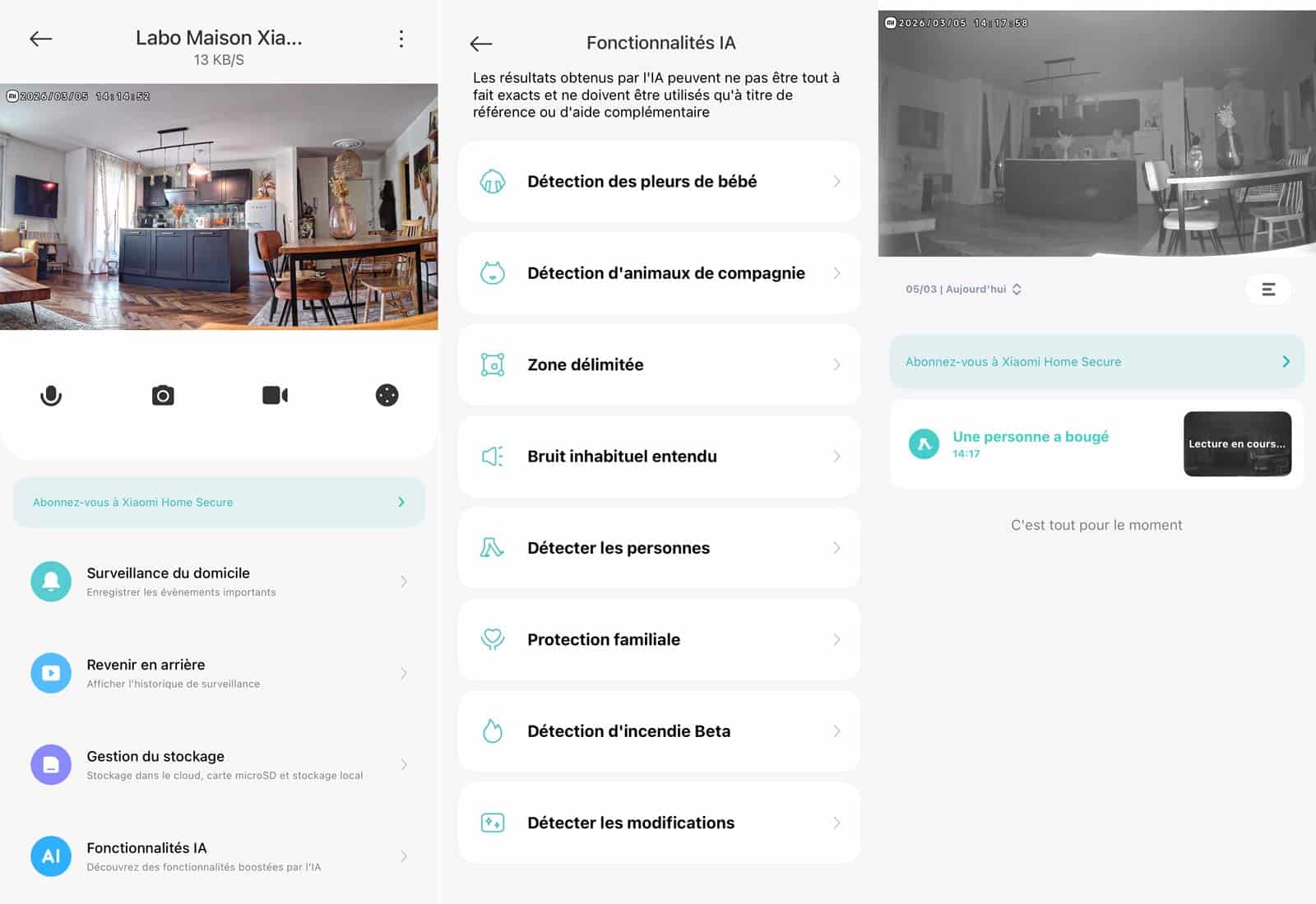 Interface de l’application Xiaomi Home avec réglages de détection IA sur la Xiaomi Smart Camera C701