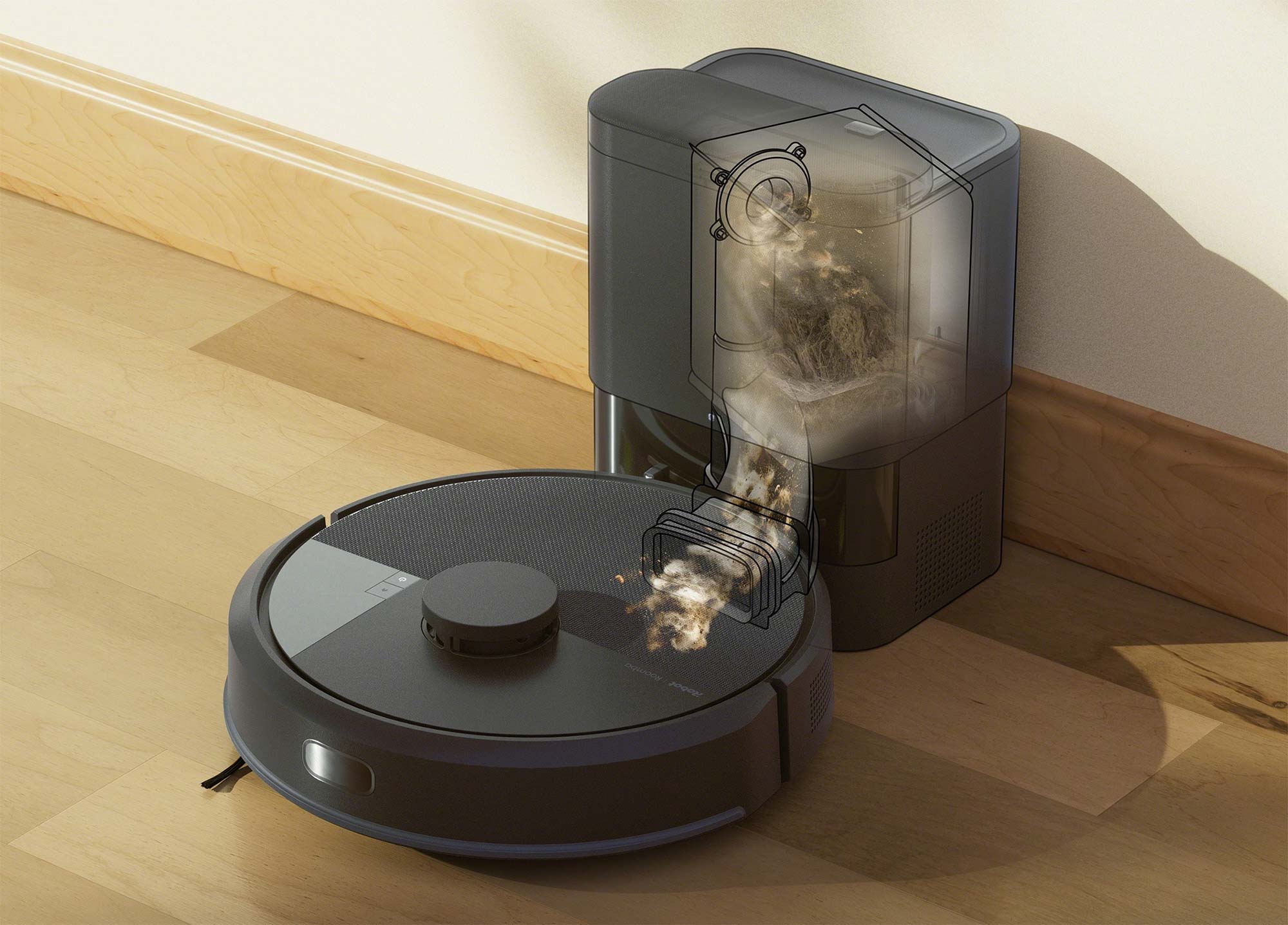 Roomba 105 Combo posé sur sa base AutoEmpty avec collecteur de poussière intégré
