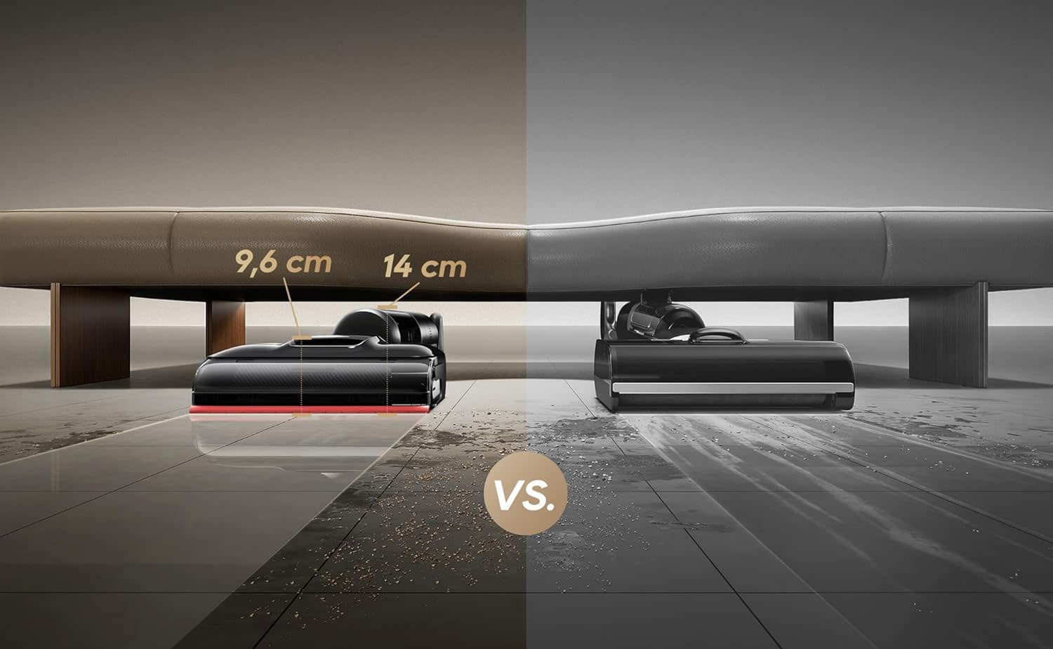 Dreame H15S incliné à 180° pour nettoyer sous les meubles jusqu’à 14 cm de hauteur.