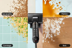 Dreame H15S aspirant et lavant les sols avec une puissance de 21 000 Pa.