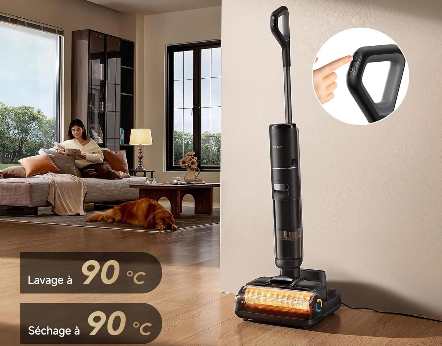 Dreame H15S effectuant l’auto-nettoyage et le séchage automatique de sa brosse